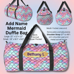 Add Name, Pink Aqua Mermaid Scales with Stars Duffle Bag