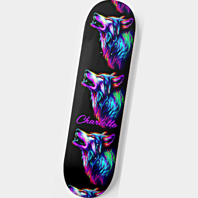 Add Name, Pink Blue Neon Wolf Skateboard (Creator Uploaded)