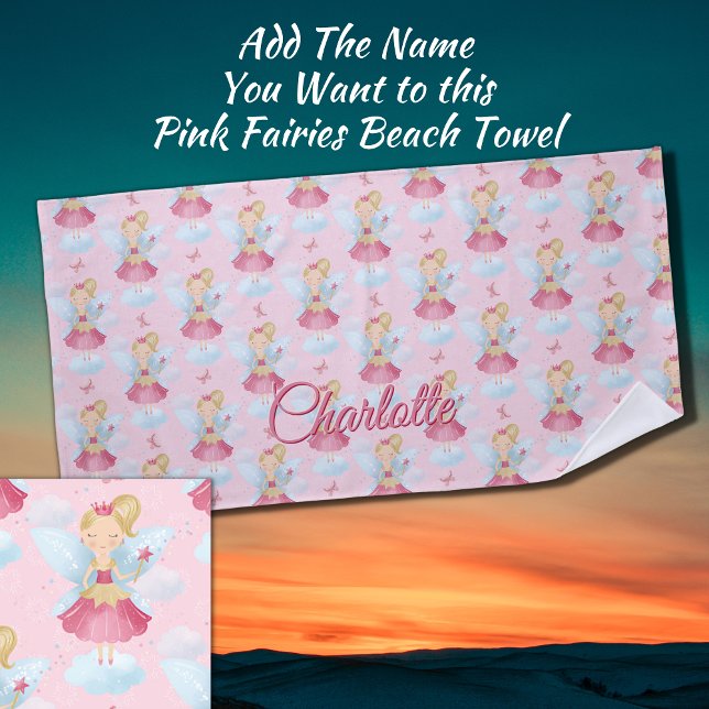 Add Name, Pink Fairy with Wand & Blue Wings        Beach Towel (Creator Uploaded)
