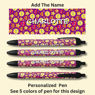 Add Name, Pink Hearts Yellow Sun Stars Black Ink Pen