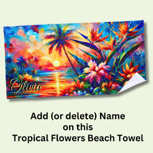 Add Name Pink Orange Tropical Flowers & Palm Tree Beach Towel