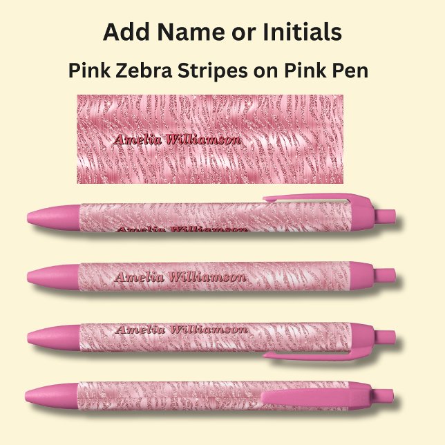 Add Name Pink Zebra Stripes on Pink Black Ink Pen (Creator Uploaded)