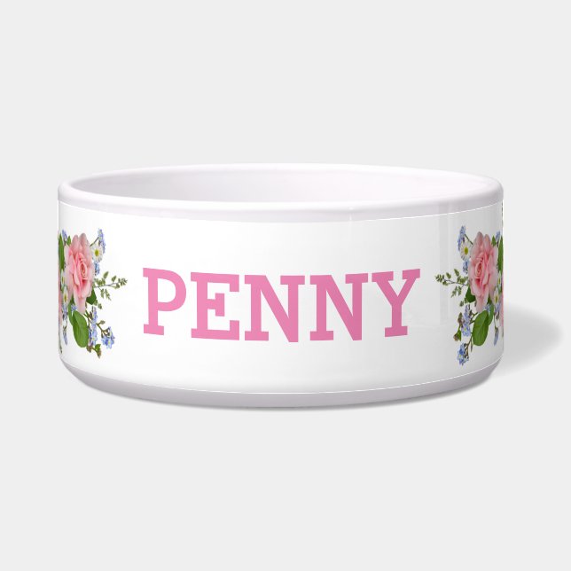 Add Name Pretty In Pink - Roses Dogs Bowl (Front)