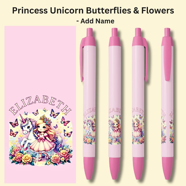 Add Name Princess with Unicorn Butterflies Flowers Black Ink Pen (Creator Uploaded)