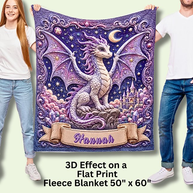 Add Name, Purple Dragon with Castle & Moon  Fleece Blanket (Creator Uploaded)