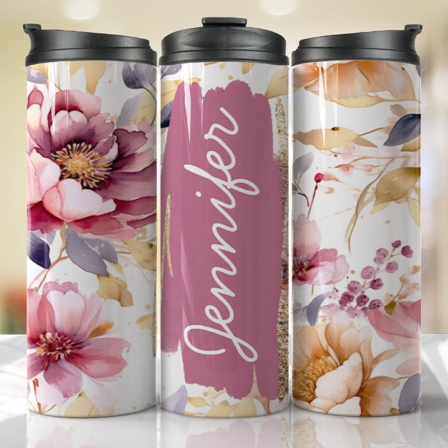 Add Name Purple Floral Custom Gift Thermal Tumbler (Floral Personalized Tumbler)