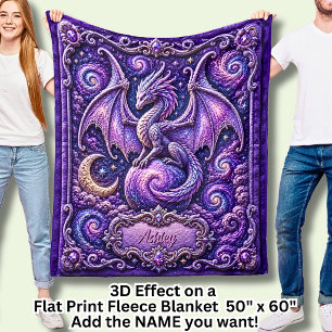 Add Name Purple Galaxy Dragon 3D Effect Fleece Blanket