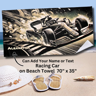 Add Name, Racing Car Kicking Up Dust Beach Towel
