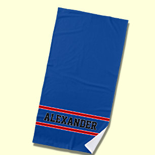 Add Name, Red Blue & White Nautical Stripes   Beach Towel