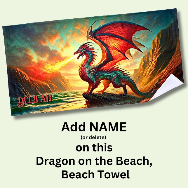 Add Name, Red Fire Breathing Dragon on Cliff, Beach Towel (Creator Uploaded)