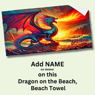 Add Name, Red Fire Breathing Dragon on the Beach,  Beach Towel