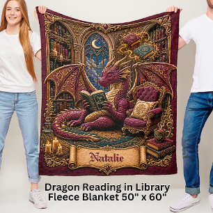 Add Name Red & Gold Book Dragon in Library Fleece Blanket