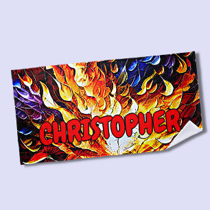 Add Name, Red Orange Blue Fire Flames Beach Towel