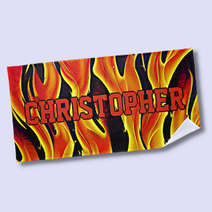 Add Name, Red Orange Fire Flames on Black Beach Towel
