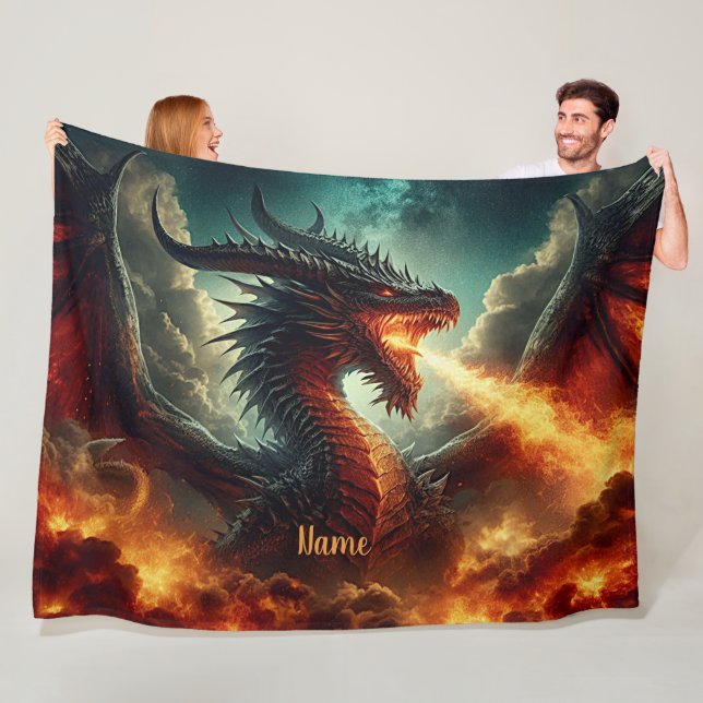 Add Name, Red Orange Yellow, Fire Breathing Dragon Fleece Blanket (In Situ)