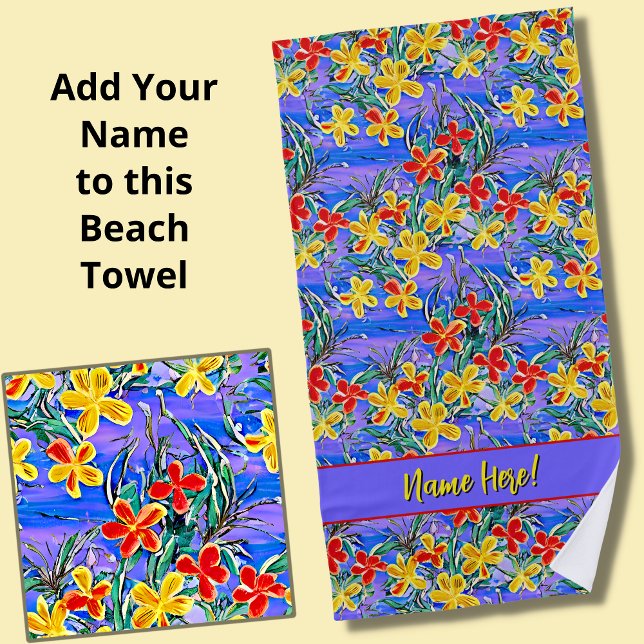 Add Name, Red & Yellow Flowers on Blue Beach Towel (Creator Uploaded)