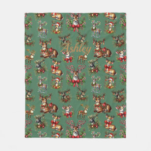 Add Name, Reindeer Christmas on Rich Green         Fleece Blanket