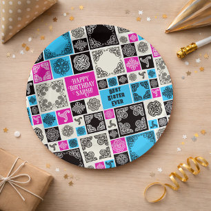 Add Name & Relationship Birthday Magenta & Blue Paper Plate