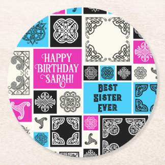 Add Name & Relationship Birthday Magenta & Blue Round Paper Coaster
