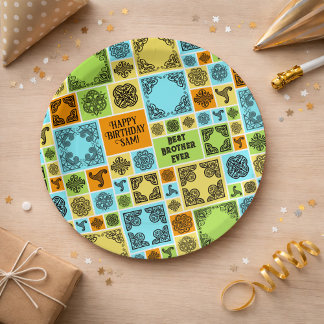Add Name & Relationship Birthday Orange & Green Paper Plate