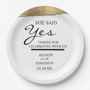 Add Name She Said Yes Gold Glitter Engagement Paper Plate