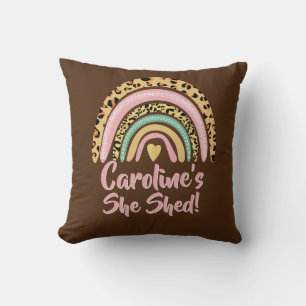 Add Name She Shed Leopard Print Pink Rainbow Heart Cushion