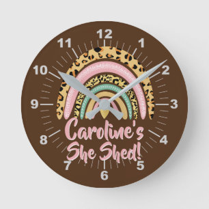 Add Name She Shed Leopard Print Pink Rainbow Heart Round Clock