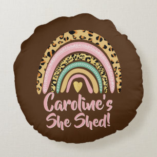 Add Name She Shed Leopard Print Pink Rainbow Heart Round Cushion
