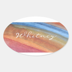 Add Name Simple Abstract Brown and Blue Watercolor Oval Sticker
