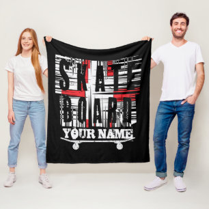 Add Name Skateboard Distressed White on Black  Fle Fleece Blanket