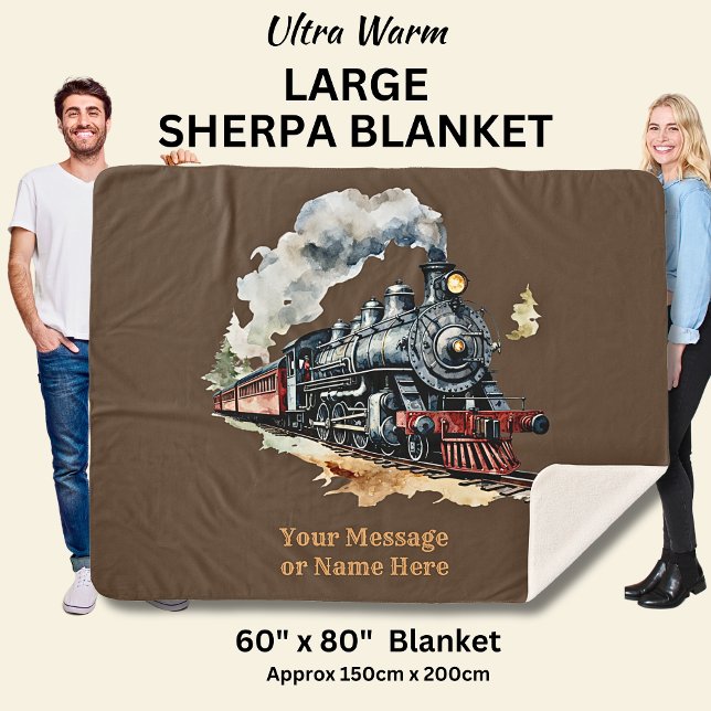 Add Name Steam Train Engine Fantasy Painting Large Sherpa Blanket (Creator Uploaded)