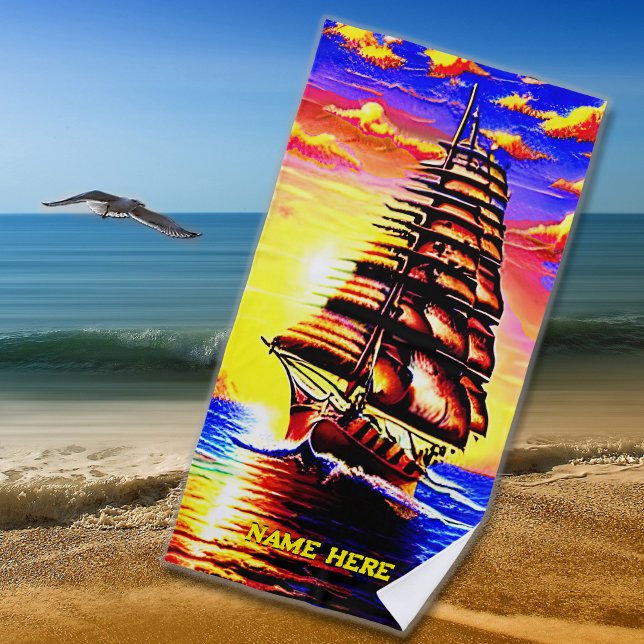 Add Name, Stylised Abstract Pirate Sailing Ship  Beach Towel (Creator Uploaded)