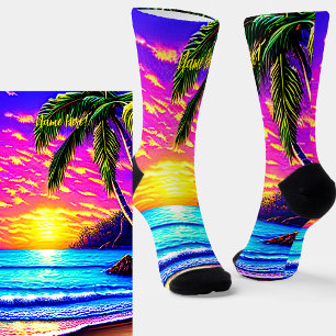 Add Name, Stylised Beach Sunset with Palm Tree  Socks