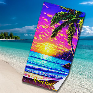Add Name, Stylised Beach Sunset with Palm Tree     Towel