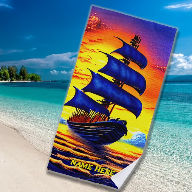 Add Name, Stylised Blue Pirate Sailing Ship Sunset Beach Towel (Creator Uploaded)