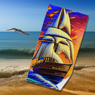 Add Name, Stylised Brown Pirate Sailing Ship Beach Towel