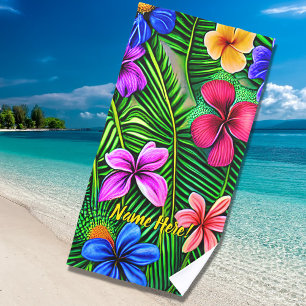 Add Name, Stylised Tropical Flowers & Leaves Beach Towel