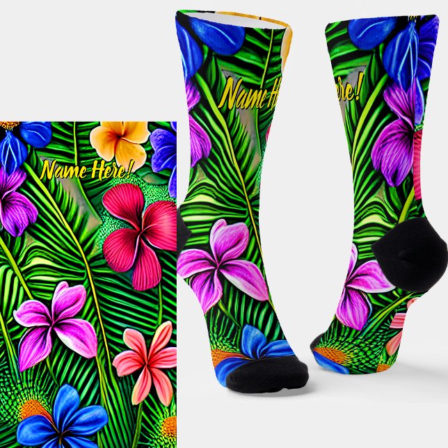 Add Name, Stylised Tropical Flowers & Leaves Socks (Creator Uploaded)