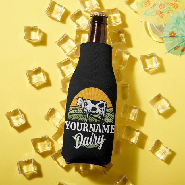ADD NAME Sunset Dairy Farm Grazing Holstein Cow Bottle Cooler (In Situ Summer)