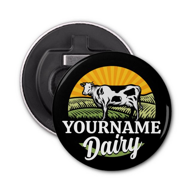 ADD NAME Sunset Dairy Farm Grazing Holstein Cow Bottle Opener (Front)