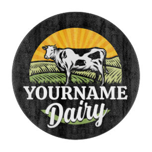 ADD NAME Sunset Dairy Farm Grazing Holstein Cow Cutting Board
