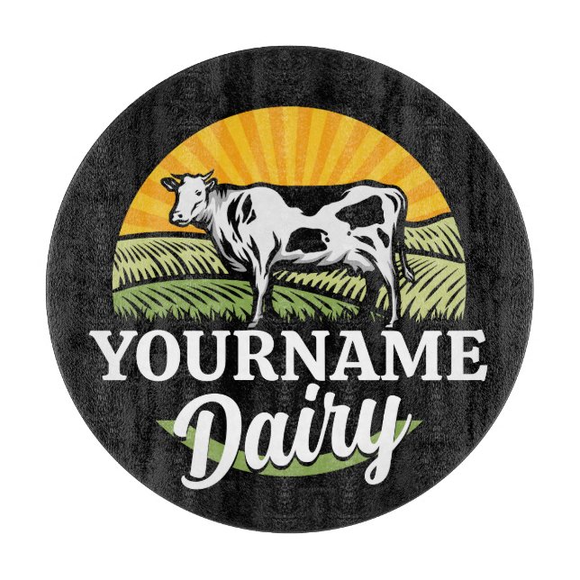 ADD NAME Sunset Dairy Farm Grazing Holstein Cow Cutting Board (Front)