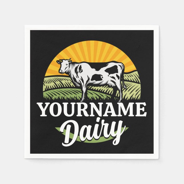 ADD NAME Sunset Dairy Farm Grazing Holstein Cow Napkin (Front)