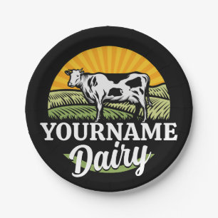 ADD NAME Sunset Dairy Farm Grazing Holstein Cow Paper Plate