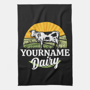 ADD NAME Sunset Dairy Farm Grazing Holstein Cow Tea Towel