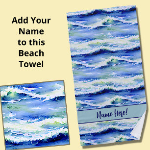 Add Name, Surf Waves Blue & White Beach Towel