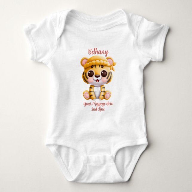 Add Name Text, Baby Tiger with Hat on Pink Baby  Bodysuit (Front)