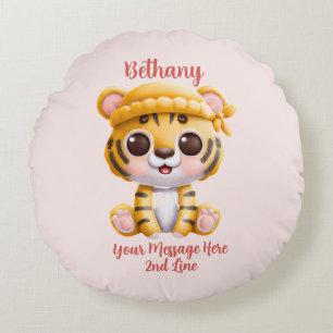 Add Name Text, Baby Tiger with Hat on Pink Baby  Round Cushion