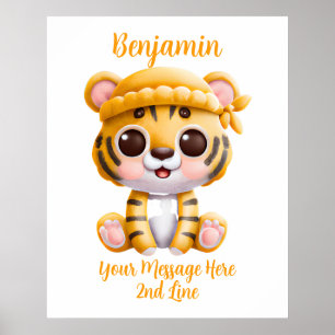 Add Name Text, Baby Tiger with Hat on White Poster