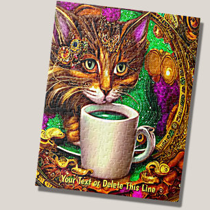 Add Name Text, Bejewelled Cat with White Mug Jigsaw Puzzle